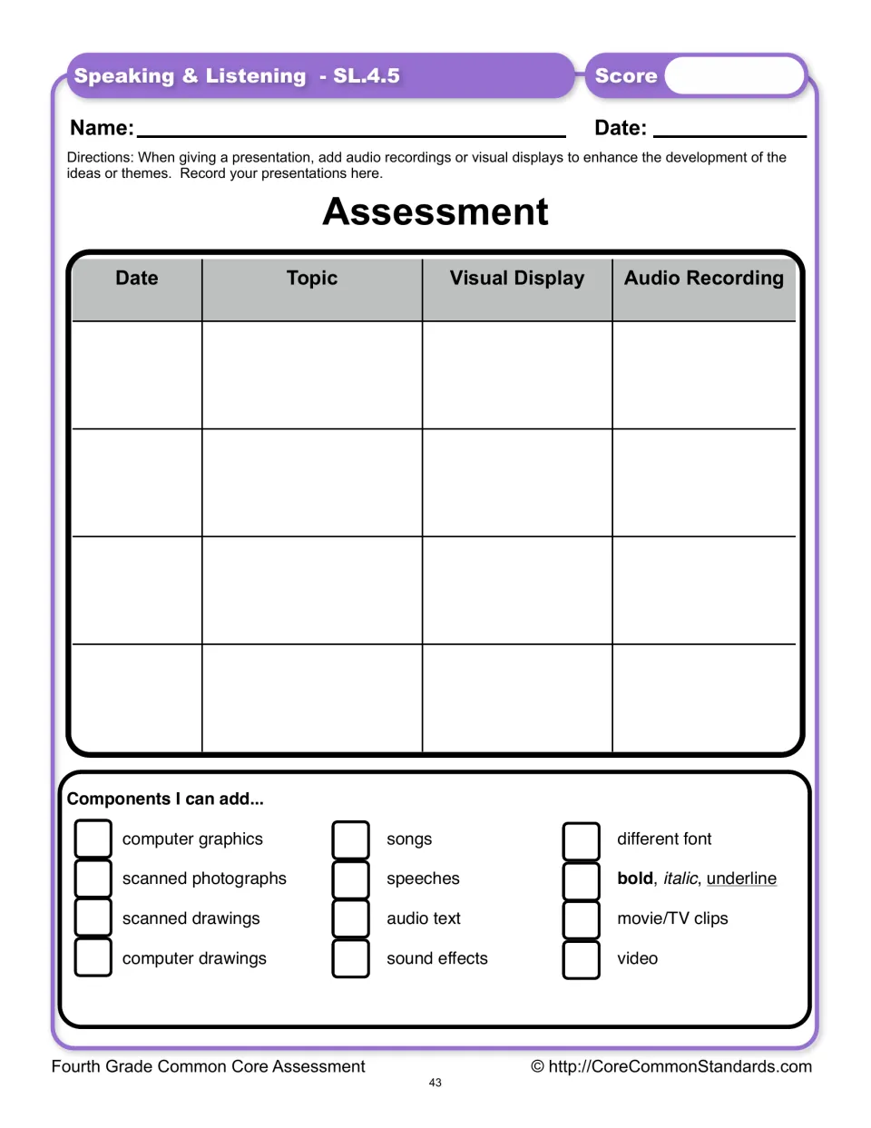 Presentation assessment records four dates, topics, visual displays, and audio recordings, plus media choices