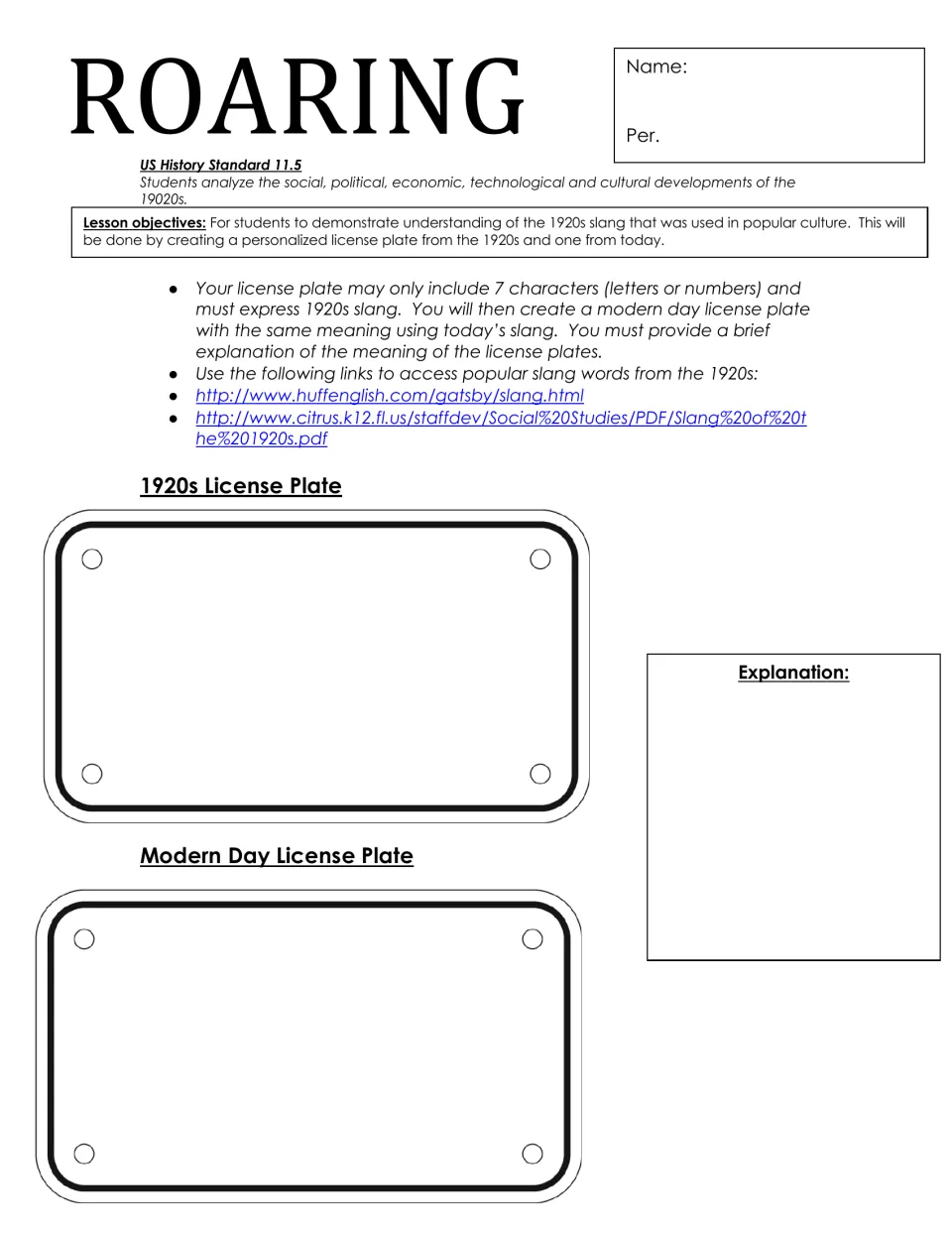 Slang activity: create a 1920s license plate and a modern slang equivalent, then explain their shared meaning.