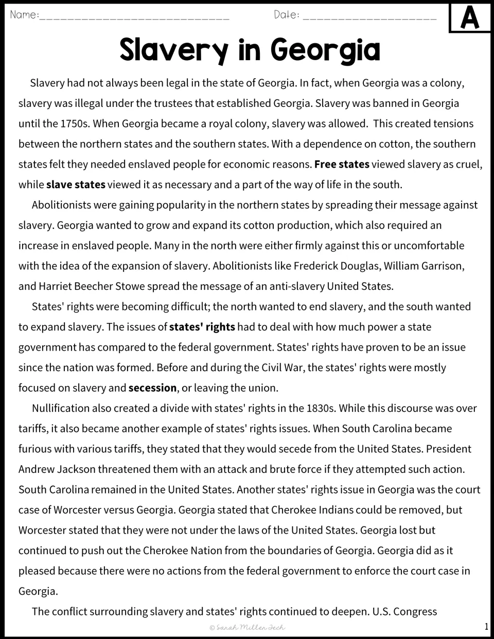 Version A passage: Georgia's shift from banning slavery to allowing it, abolitionists, states' rights and nullification