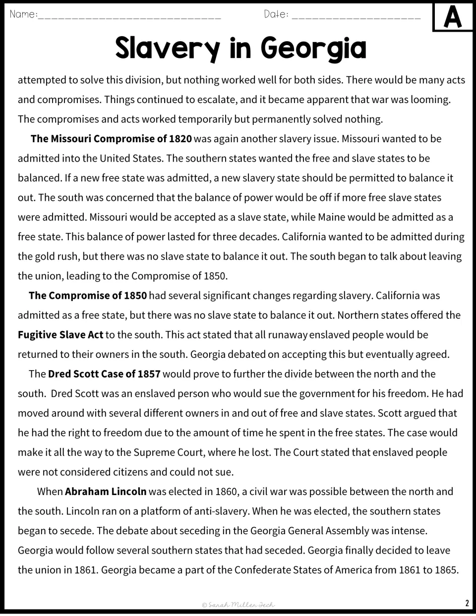 Version A, part 2: Missouri Compromise, Compromise of 1850, Dred Scott case, Lincoln's election and Georgia's secession