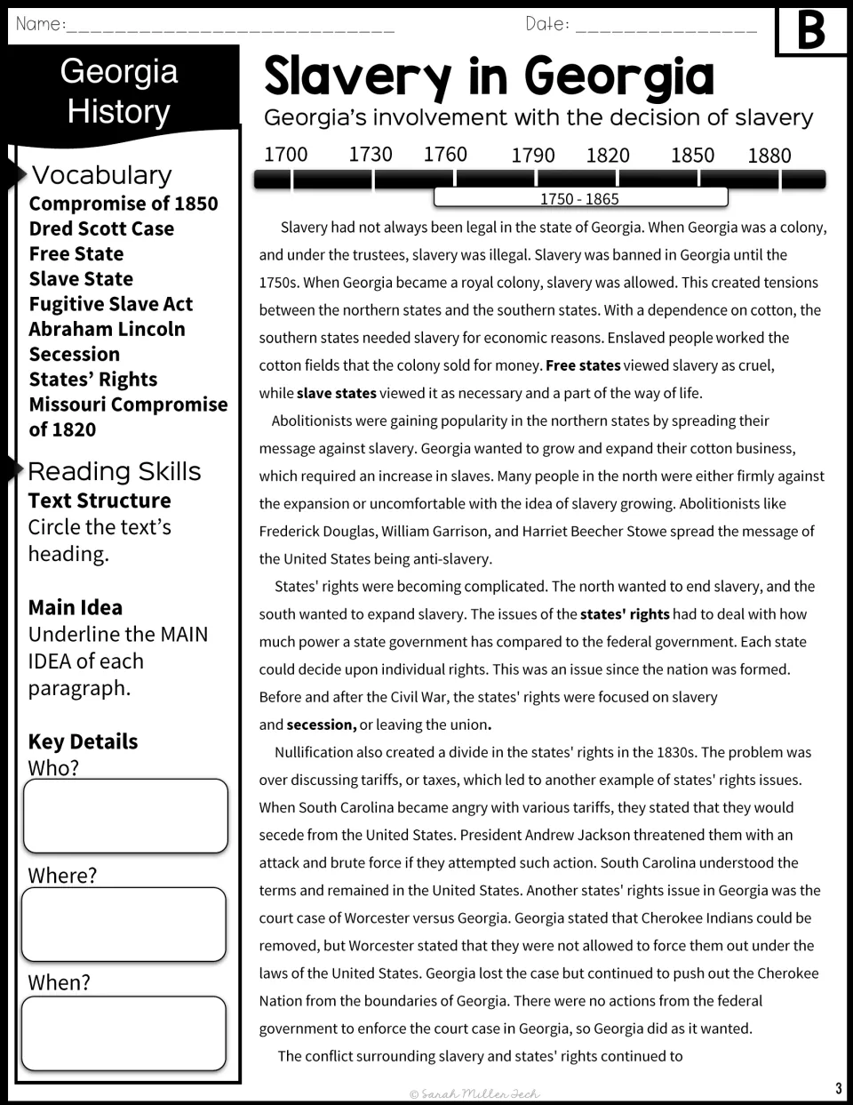 Version B passage on early Georgia slavery and states' rights, with vocabulary, a 1700-1880 timeline and key-detail prompts