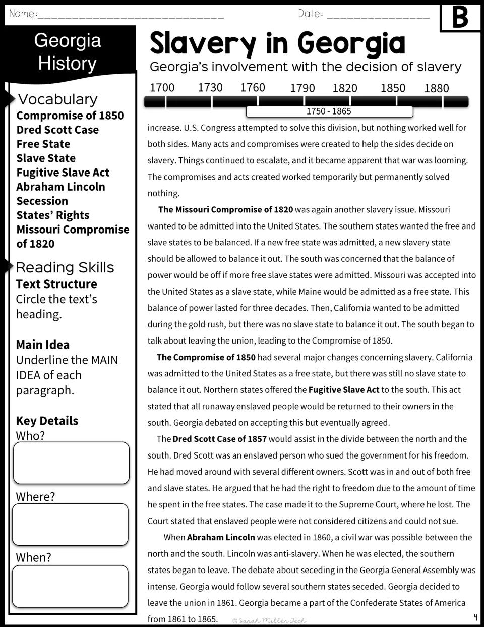 Version B, part 2: compromises of 1820 and 1850, Dred Scott and secession, beside text-structure and main-idea prompts