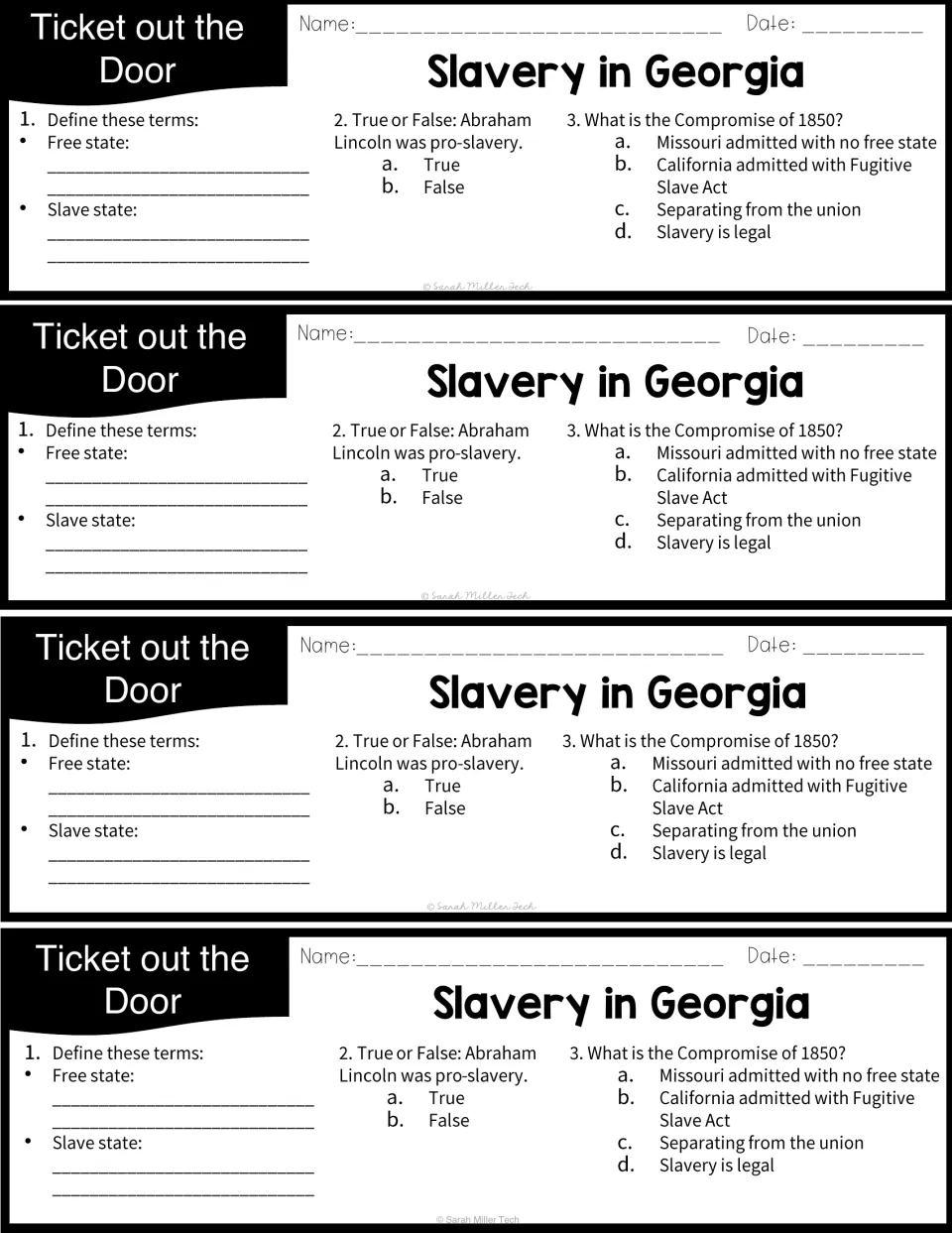Four exit tickets: define free state and slave state, a true/false item on Lincoln, and a question on the Compromise of 1850