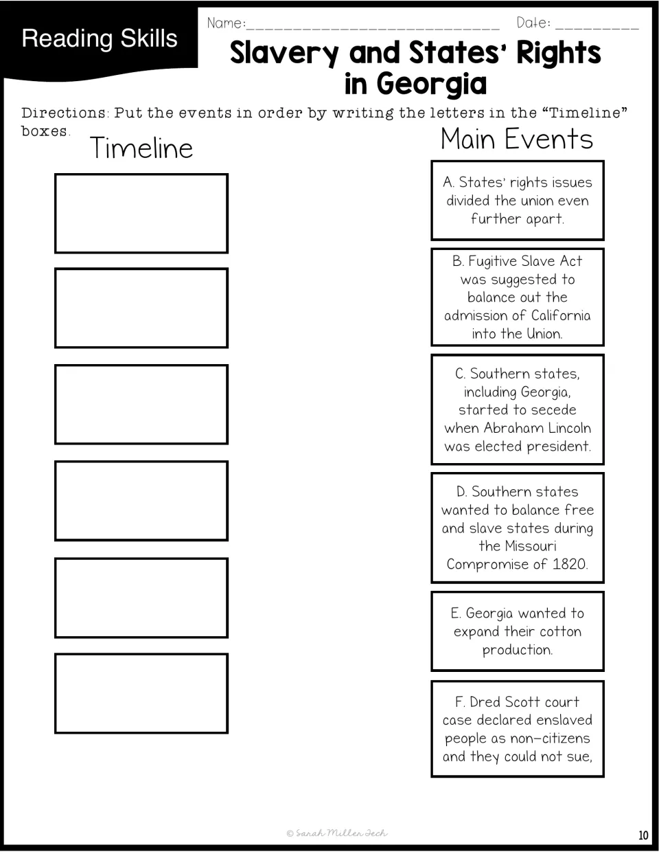 Slavery and states' rights sequencing: students order six events from the Missouri Compromise to secession on a timeline