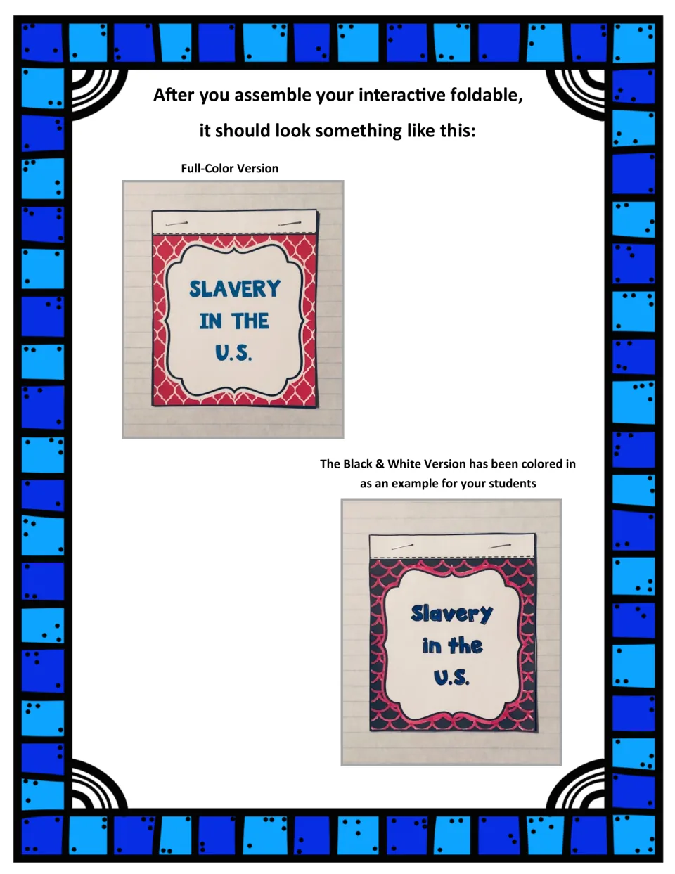Assembly examples show the full-color booklet and a colored-in black-and-white booklet attached to notebooks