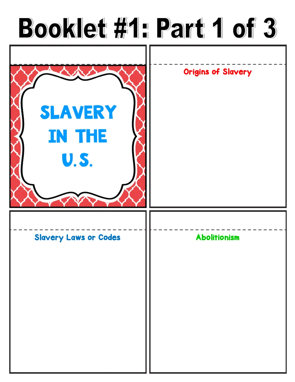 Full-color booklet sheet 1: cover and writing pages on origins of slavery, slavery laws or codes, and abolitionism