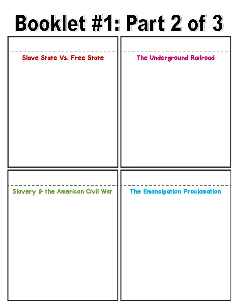 Full-color booklet sheet 2: slave versus free states, Underground Railroad, Civil War, and Emancipation Proclamation