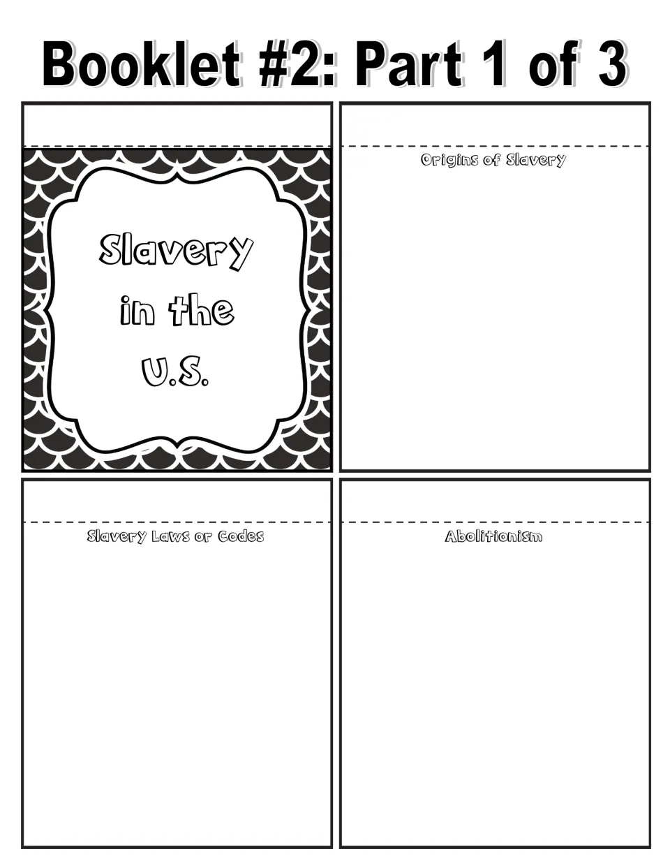 Black-and-white booklet sheet 1: cover, origins of slavery, slavery laws or codes, and abolitionism writing pages