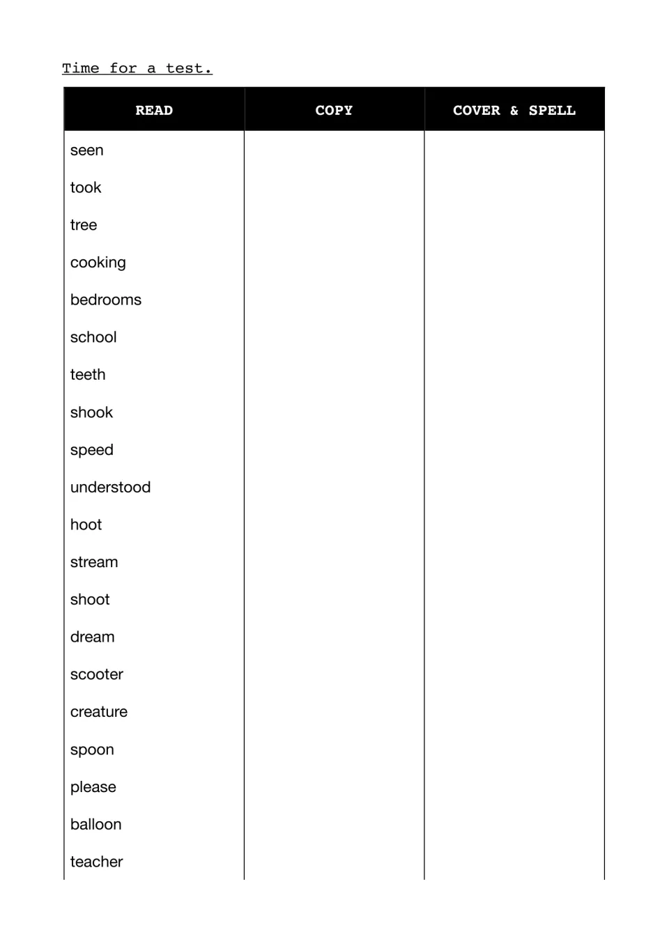 Spelling test: students read, copy, then cover and spell 20 words mixing 'ee', 'ea' and 'oo' like teeth, dream and spoon