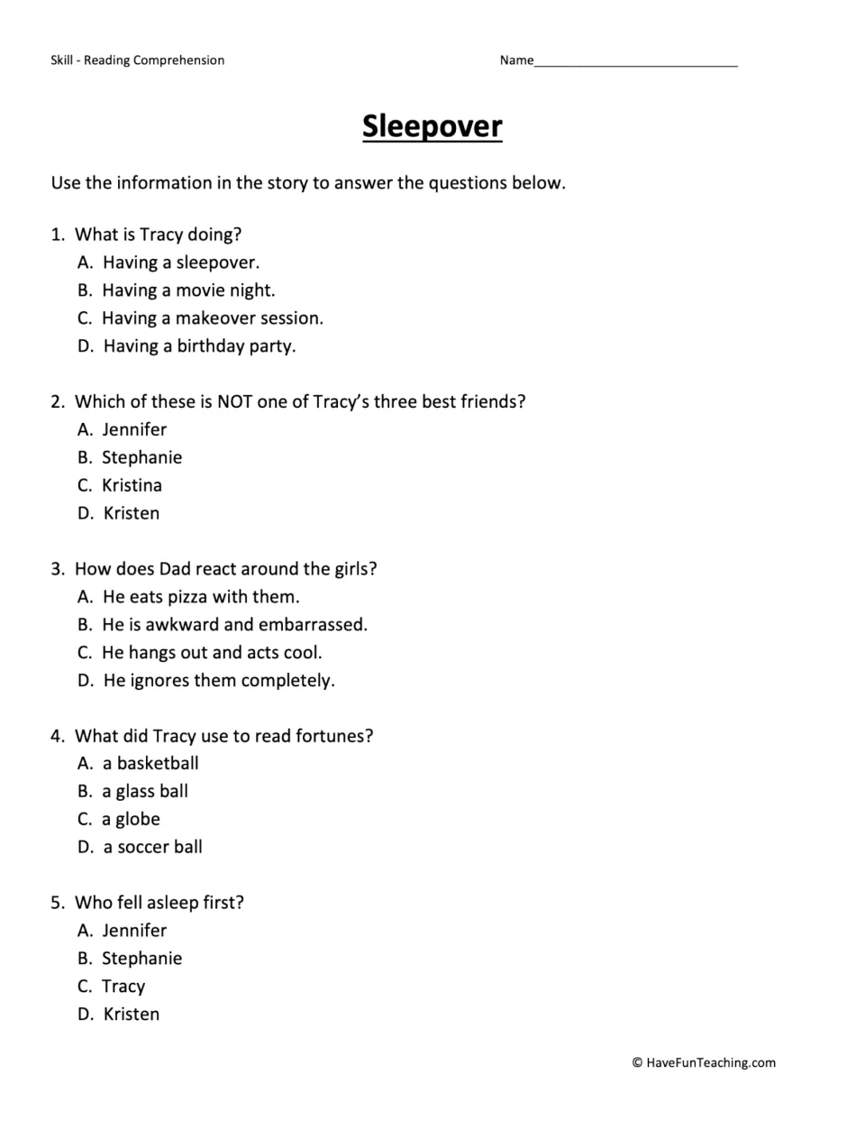 Five multiple-choice questions about Tracy's party, her friends, her dad, fortunes, and who fell asleep first.