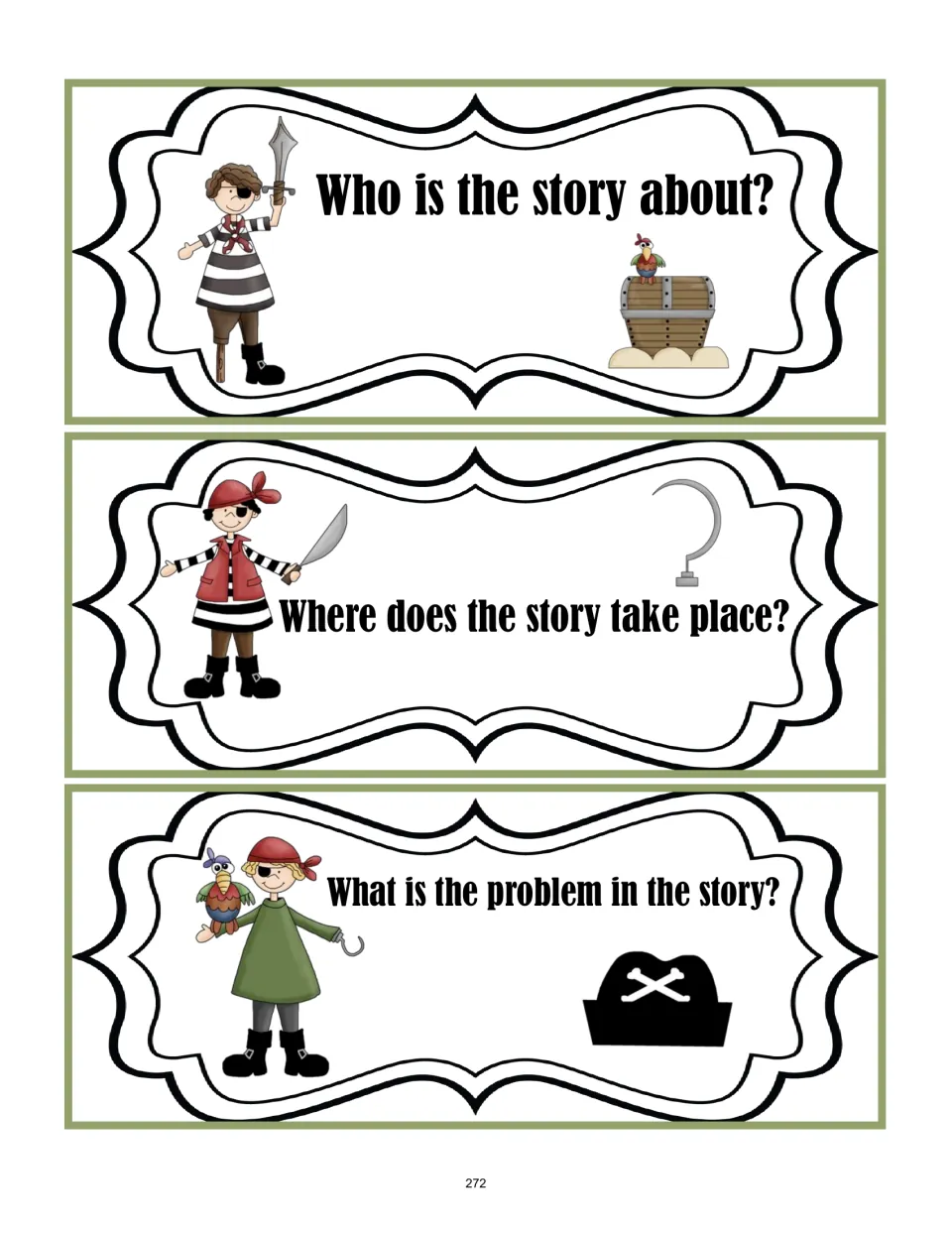 Question cards 1–3 of six ask who the story is about, where it takes place, and what the problem is