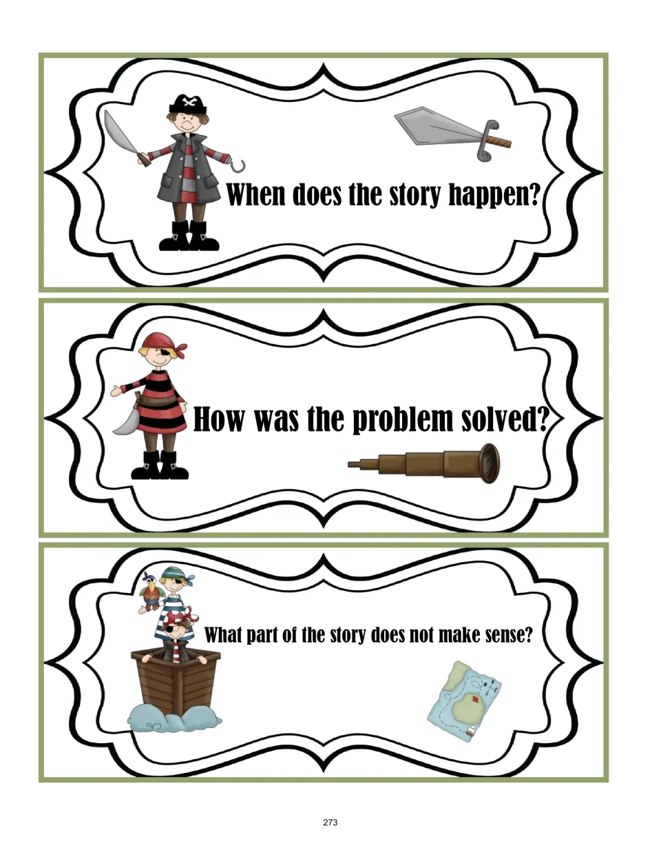 Question cards 4–6 of six ask when the story happens, how the problem was solved, and what does not make sense