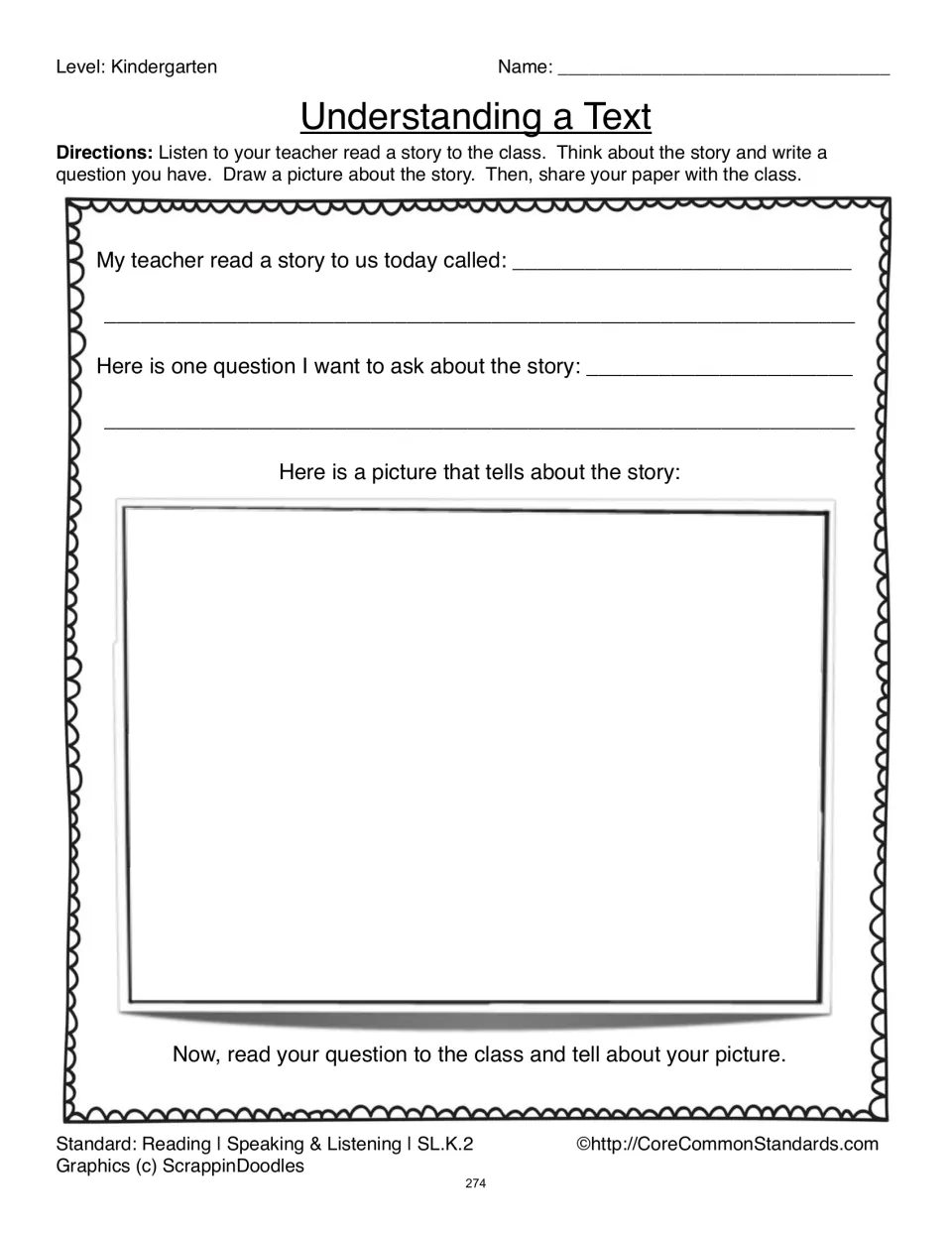 Understanding a Text response sheet asks students to name the story, write a question, draw, and share