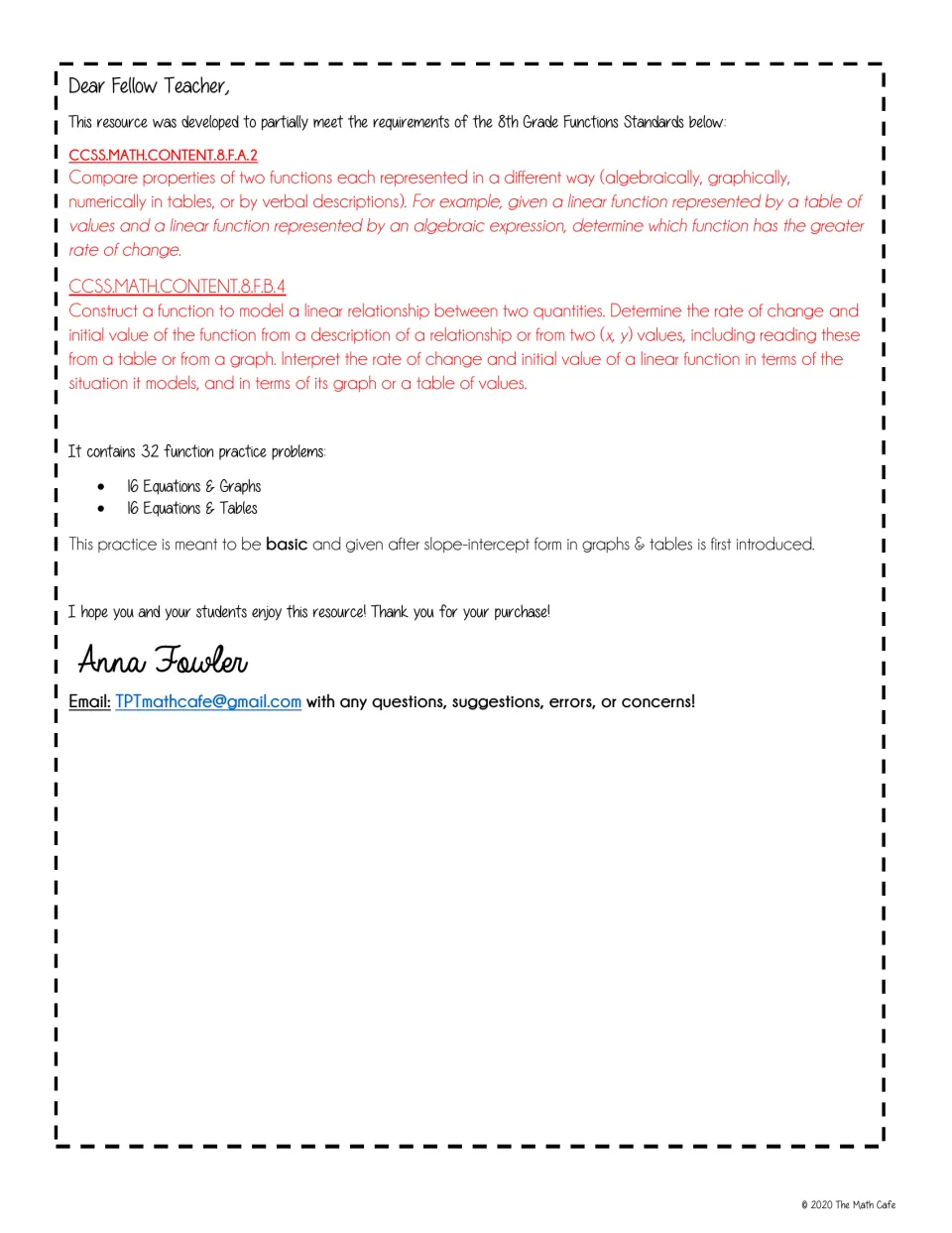 Teacher note: 32 practice problems, 16 matching equations to graphs and 16 to tables, meant for after a first lesson