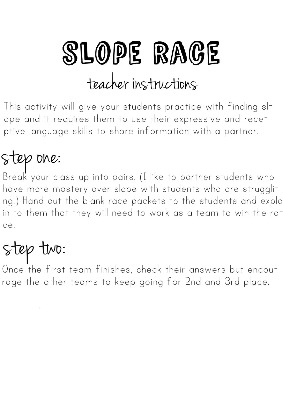 Teacher instructions for the slope race: pair students, distribute packets, and check the first team's answers