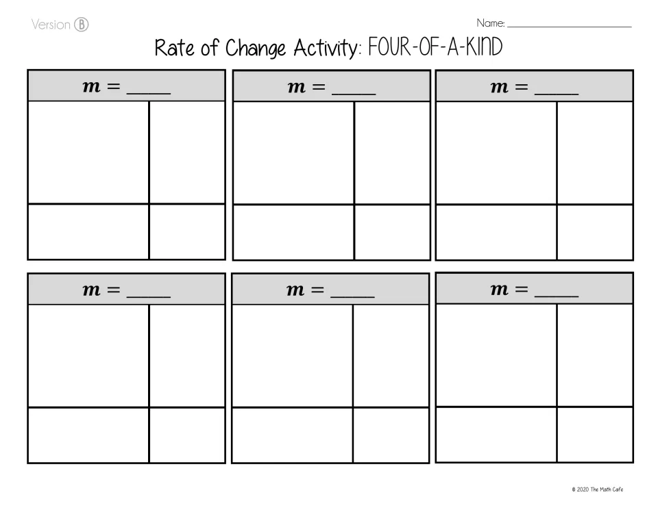 Version B answer board for sorting 24 function cards into six groups and identifying each common slope