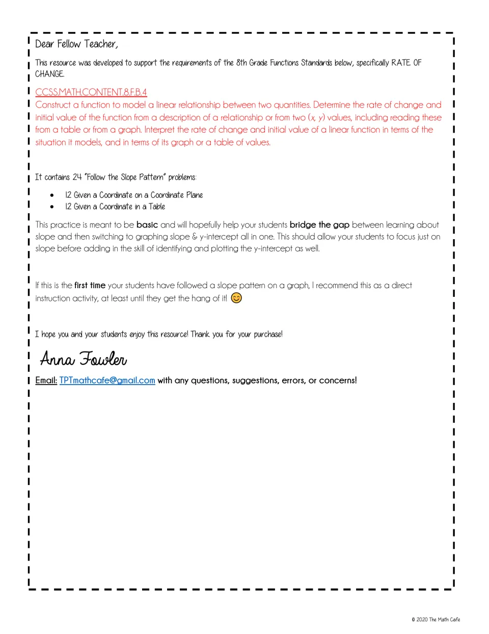 Teacher note on rate of change: lists the 24 slope pattern problems, 12 on coordinate planes and 12 in x-y tables