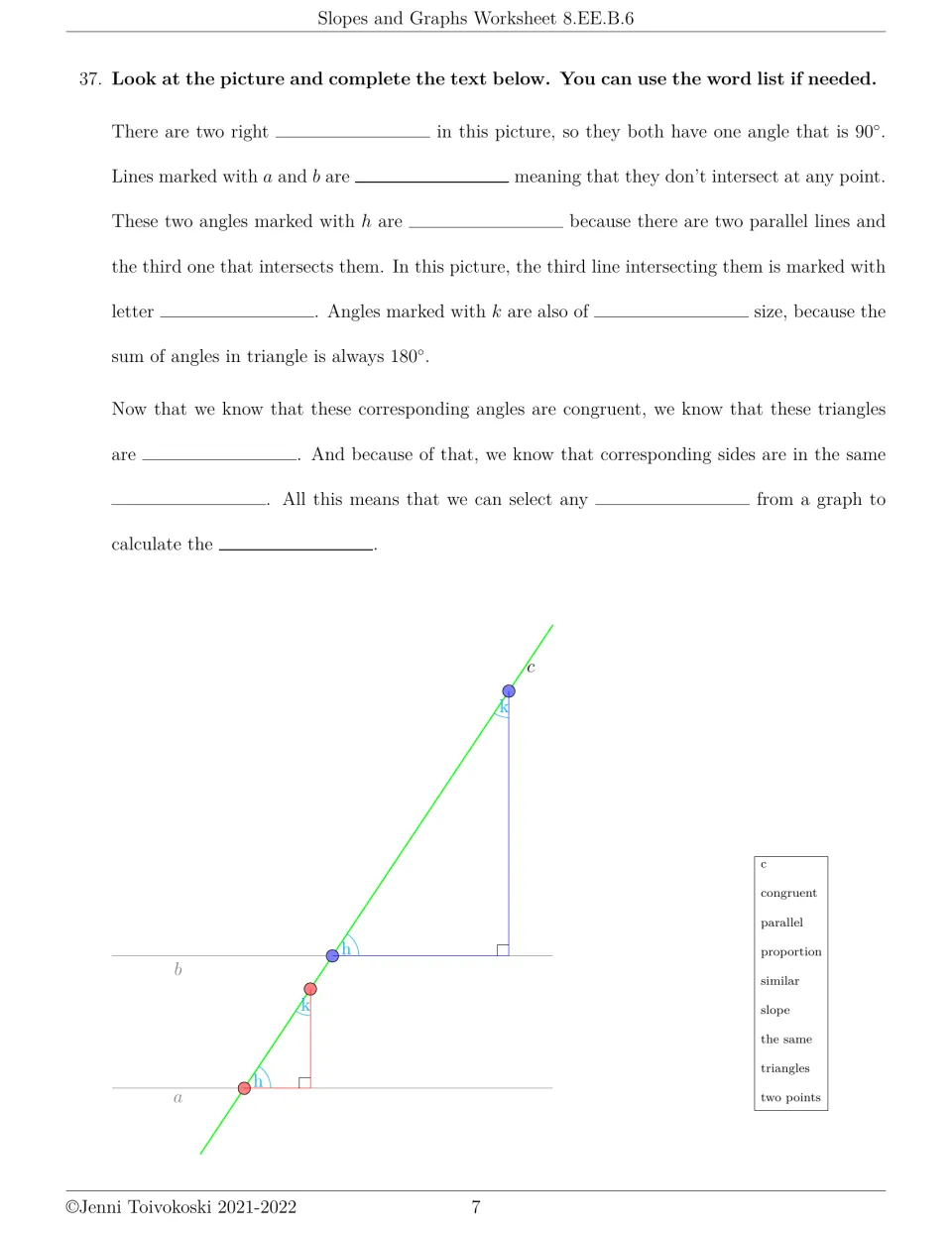 Similar triangles, problem 37: students fill blanks from a word list (parallel, congruent, similar) to explain slope