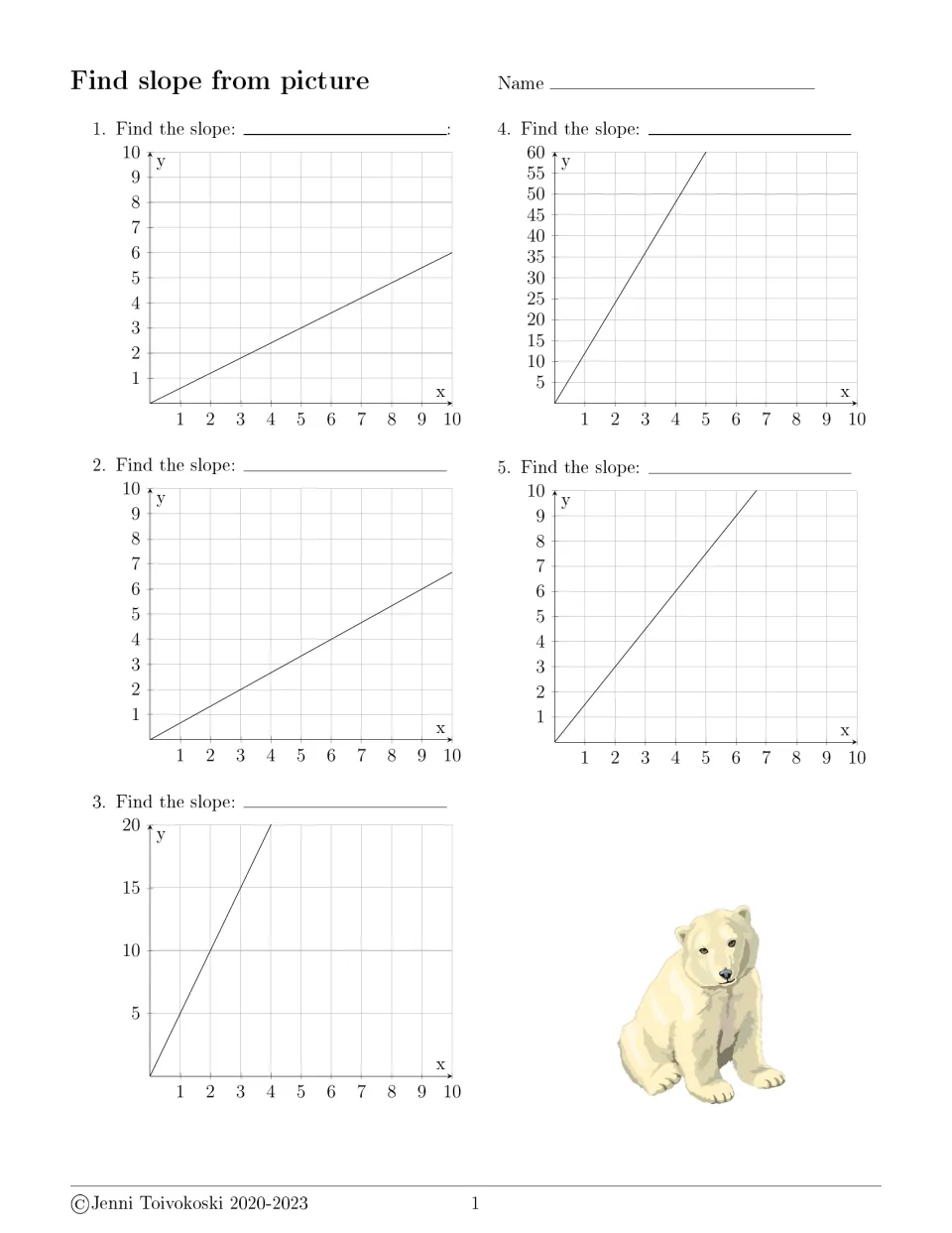 Find slope from picture, problems 1-5: students read five lines drawn from the origin and write each slope