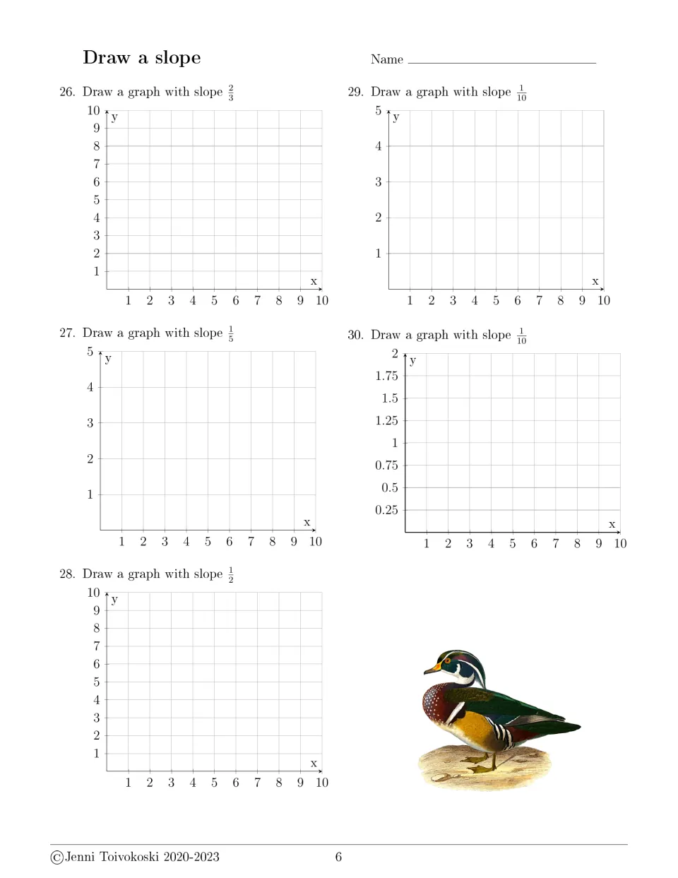 Draw a slope, problems 26-30: students graph lines with fractional slopes 2/3, 1/5, 1/2 and 1/10 on blank coordinate axes