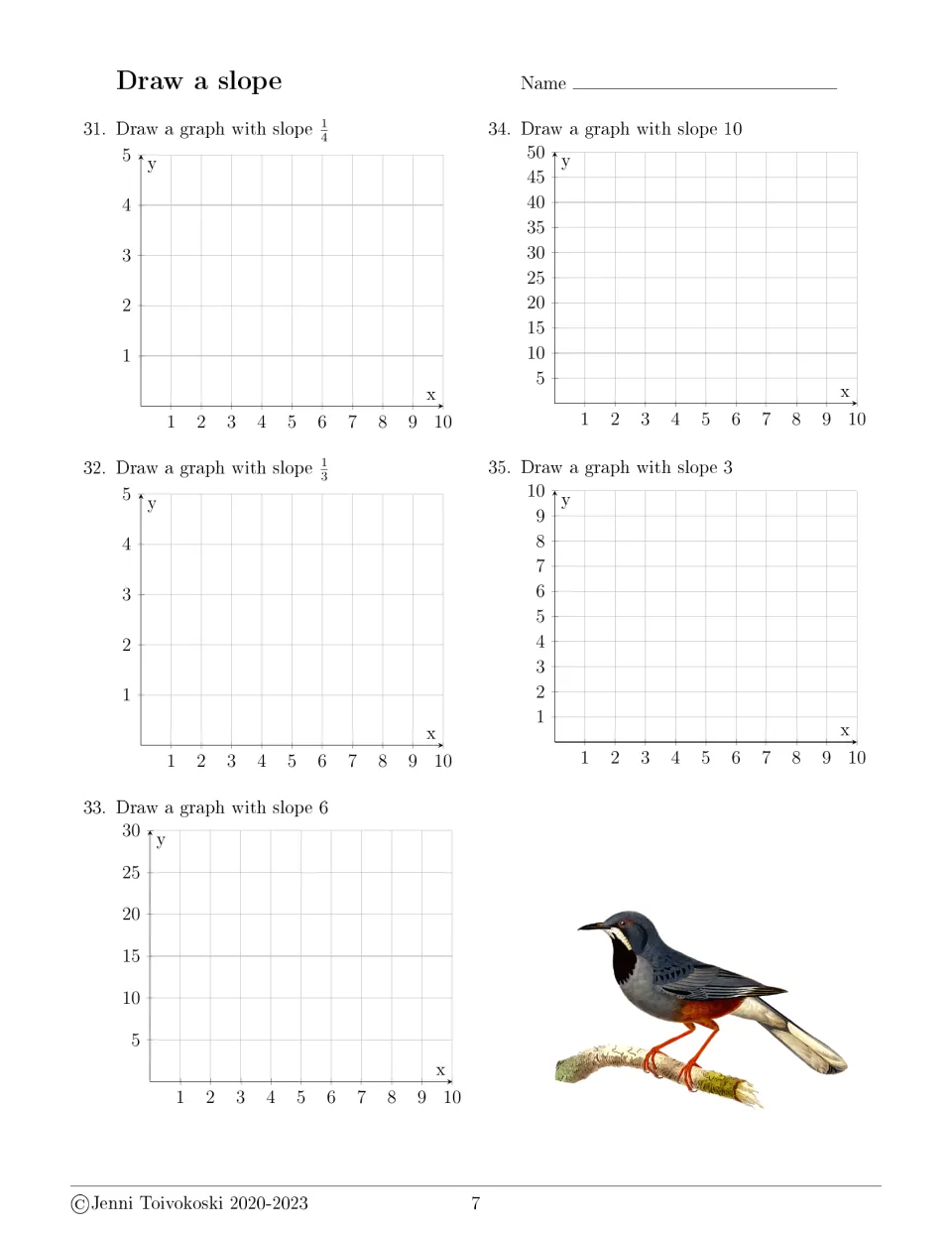 Draw a slope, problems 31-35: students draw lines with slopes 1/4, 1/3, 6, 10 and 3 on empty x-y axes of varying scales
