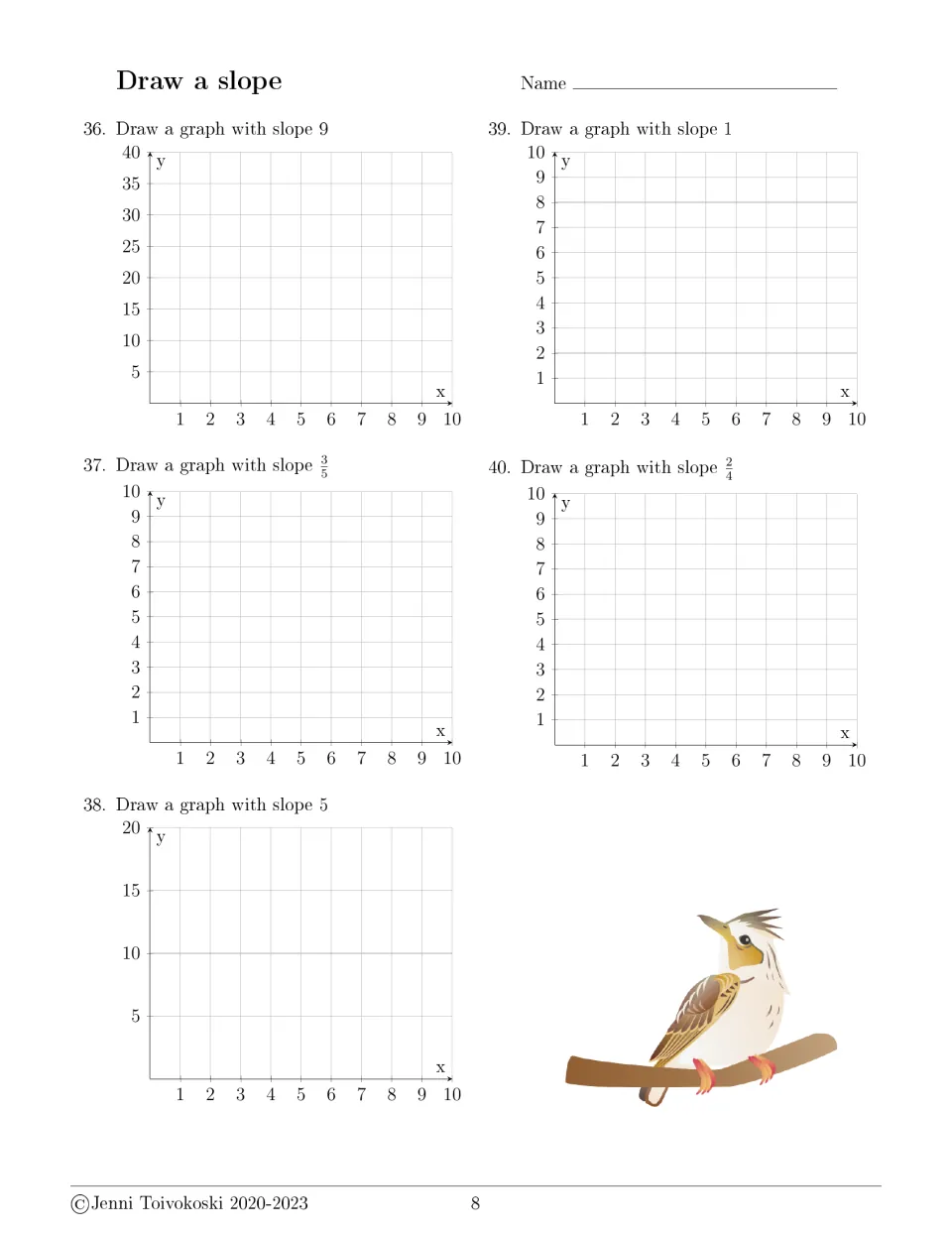 Draw a slope, problems 36-40: students graph lines with slopes 9, 3/5, 5, 1 and 2/4 starting on blank coordinate planes