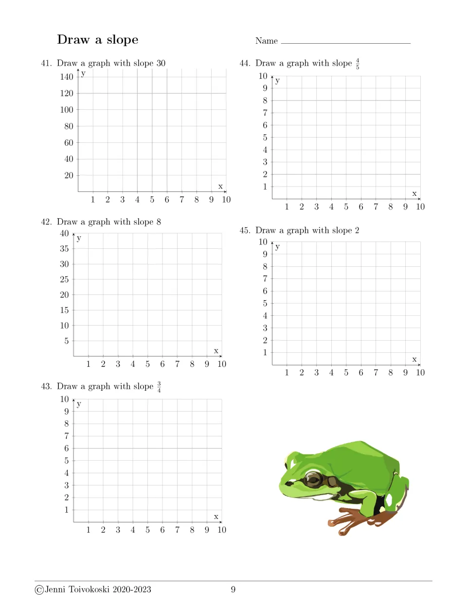 Draw a slope, problems 41-45: students plot lines with slopes 30, 8, 3/4, 4/5 and 2, one y-axis running up to 140