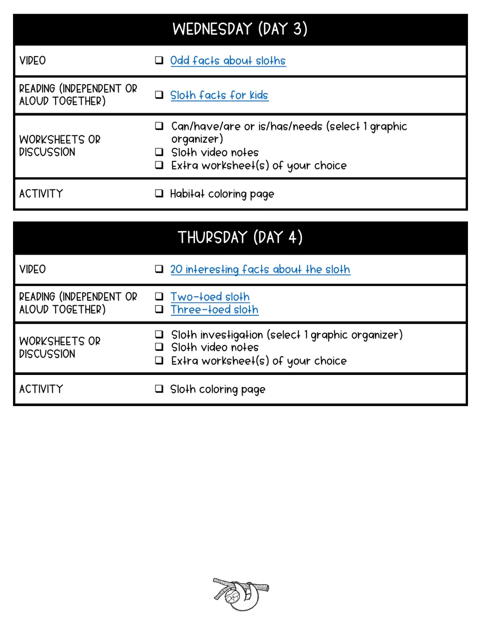 Sloth lesson plans for days 3–4 include fact videos, readings, graphic organizers, and habitat and sloth coloring