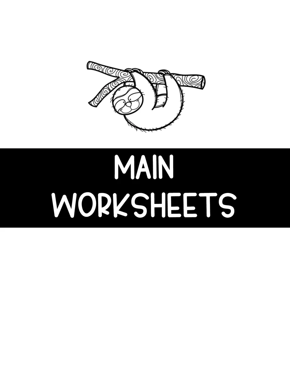 Section title page introducing the sloth unit's main worksheets, followed by KWL and video note activities