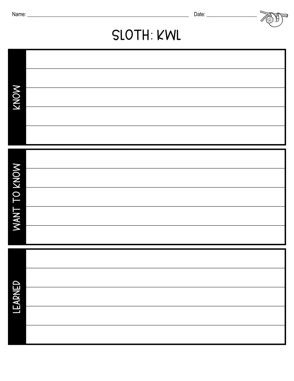 Sloth KWL worksheet asks students to record what they know, what they want to know, and what they learned
