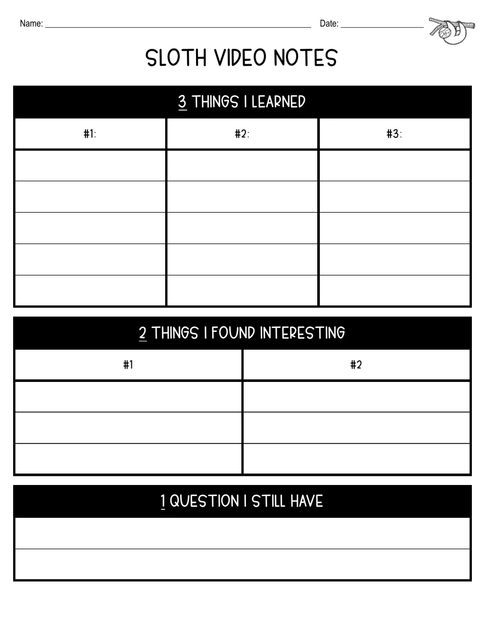 Sloth video notes worksheet prompts three things learned, two interesting things, and one remaining question