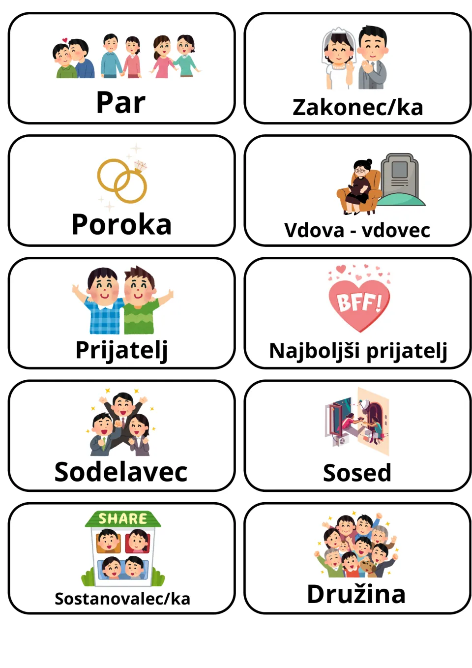 Slovene flashcards 21–30: Par (couple), Poroka (wedding), Prijatelj (friend), Družina (family), and six more.