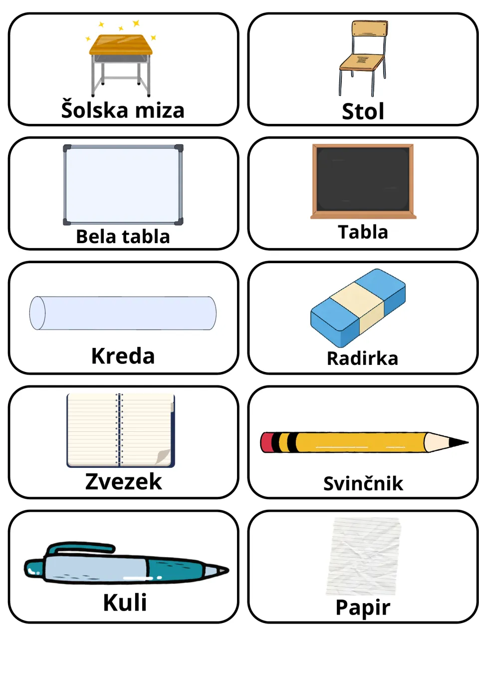 Slovene school flashcards 1–10: stol (chair), kreda (chalk), zvezek (notebook) and seven more pictured terms