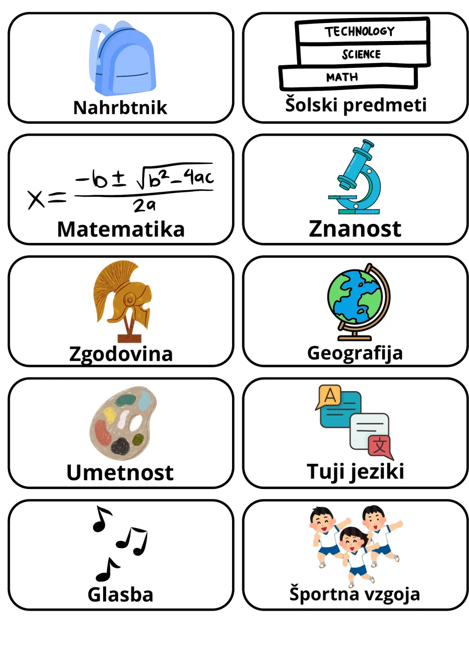 Slovene school flashcards 11–20: matematika (math), zgodovina (history), glasba (music) and seven more