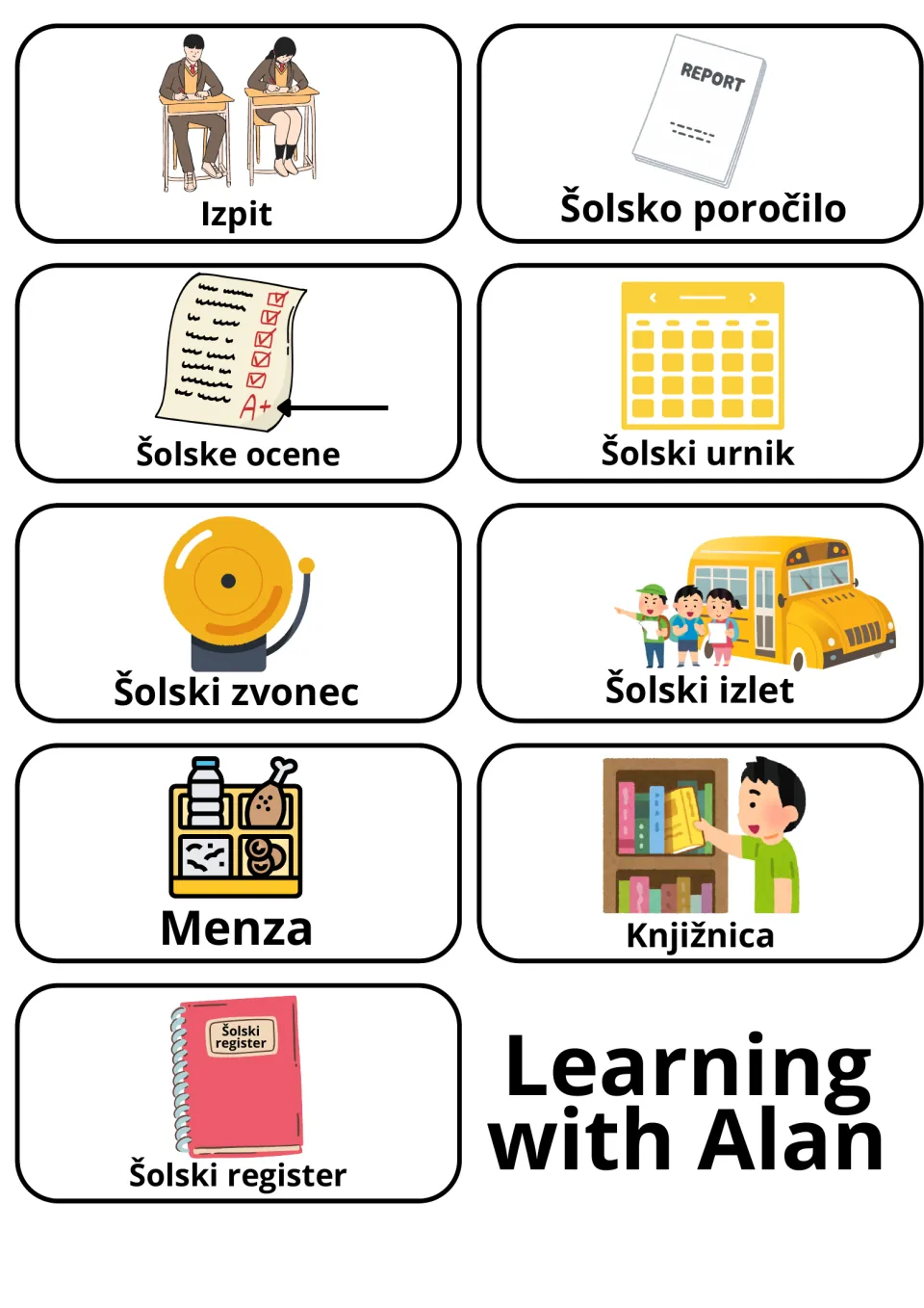 Slovene school flashcards 31–39: izpit (exam), menza (cafeteria), knjižnica (library) and six more
