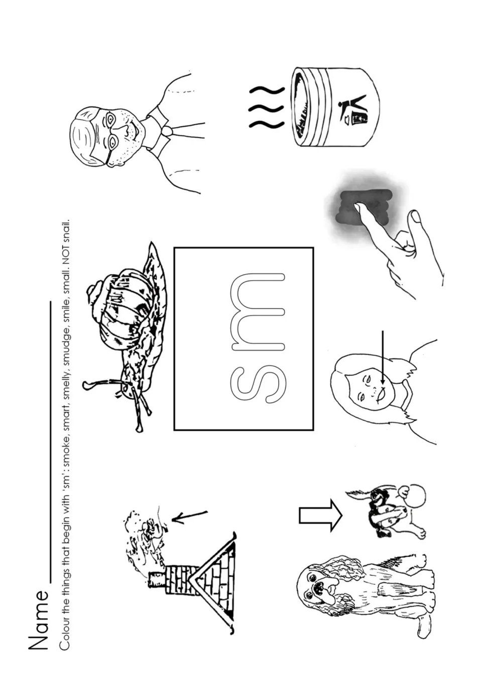 SM initial blend coloring sheet: identify smoke, smart, smelly, smudge, smile, and small; leave snail uncolored.