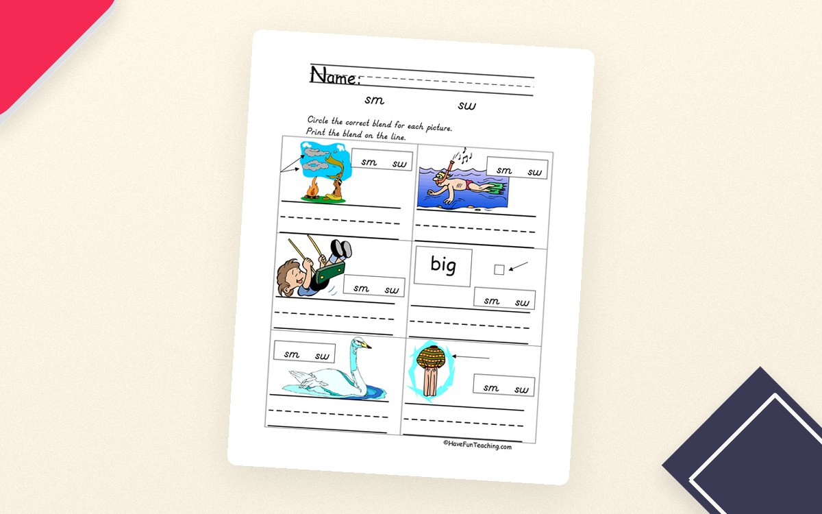 SM, SW Blends Worksheet teaching resource preview