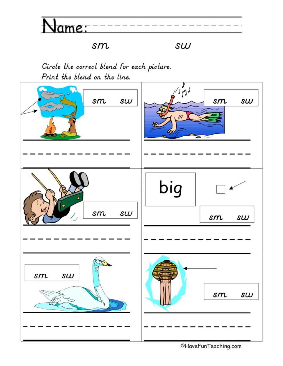 SM and SW blends: students circle sm or sw for six pictures such as smoke, swim, swing and swan, then print the blend