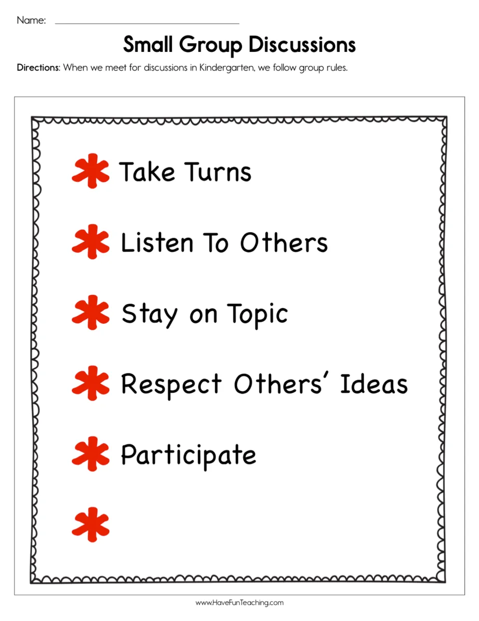 Discussion rules sheet: take turns, listen to others, stay on topic, respect others’ ideas, and participate.