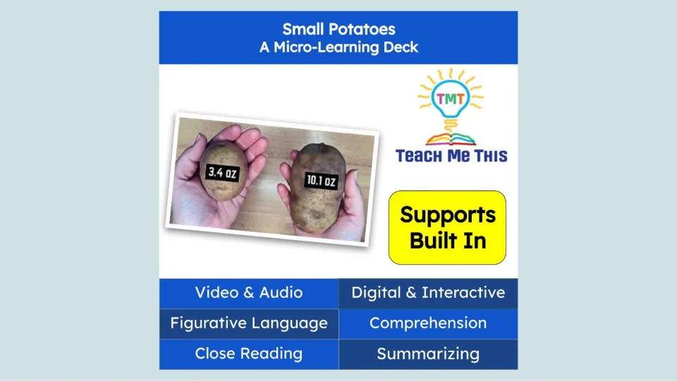 Micro-learning deck cover showing potatoes labeled 3.4 oz and 10.1 oz and listing reading and language skills