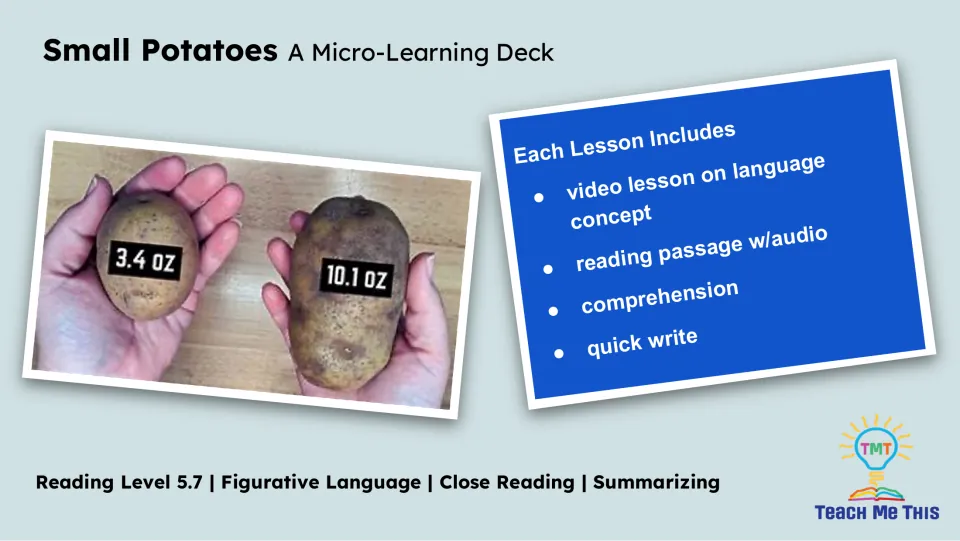 Lesson overview lists a language concept video, reading passage with audio, comprehension, and quick write