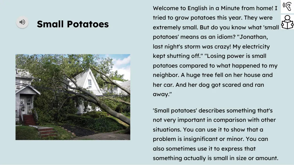 Reading passage with audio explains “small potatoes” by comparing a power outage with a tree falling on a house