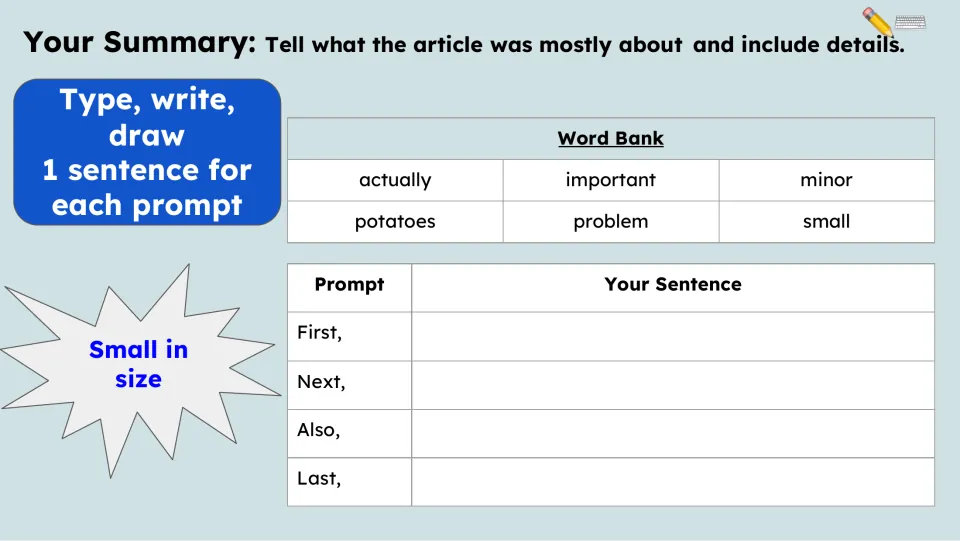 Summary activity asks for one sentence each after First, Next, Also, and Last, supported by a six-word bank