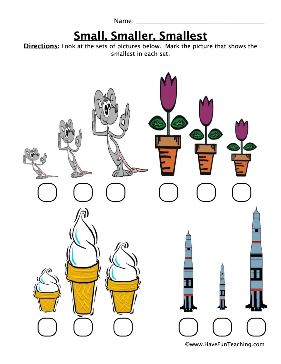 Comparing sizes: students mark the smallest picture in each set of three mice, flowers, ice cream cones and rockets