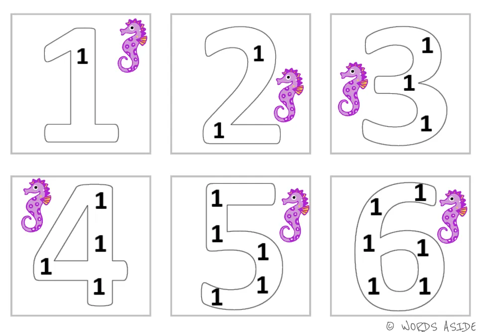 Repeated addition of 1: six seahorse cards show outline numbers 1 to 6, each filled with that many 1s to count and add