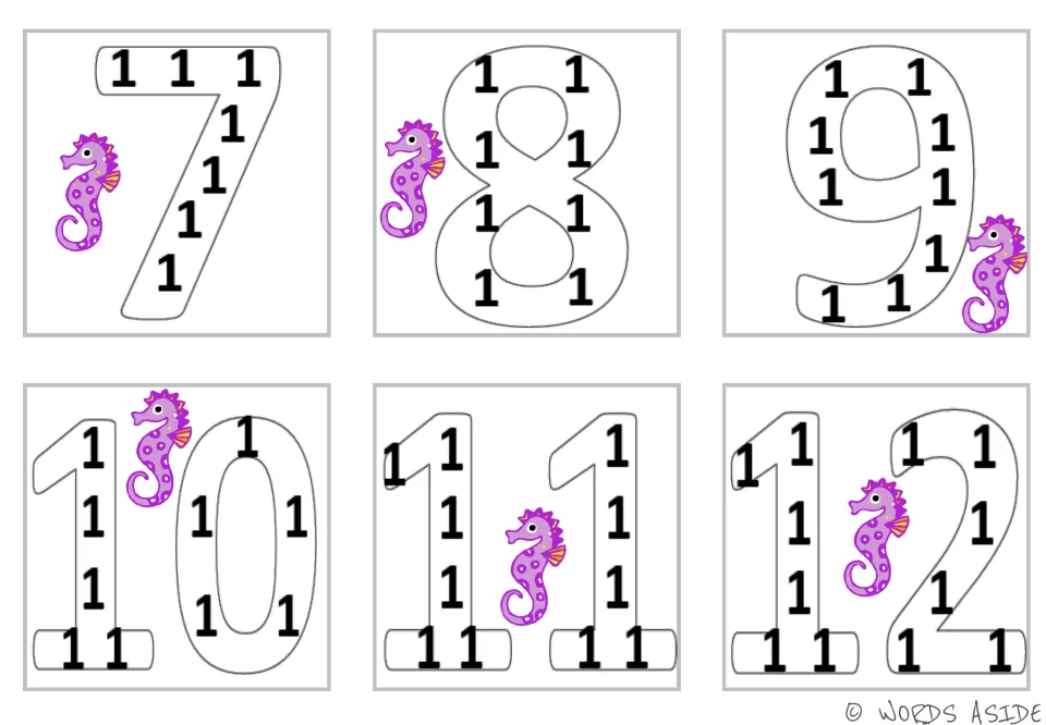 Repeated addition of 1 continued: seahorse cards for 7 to 12, each outline number holding that many 1s to count