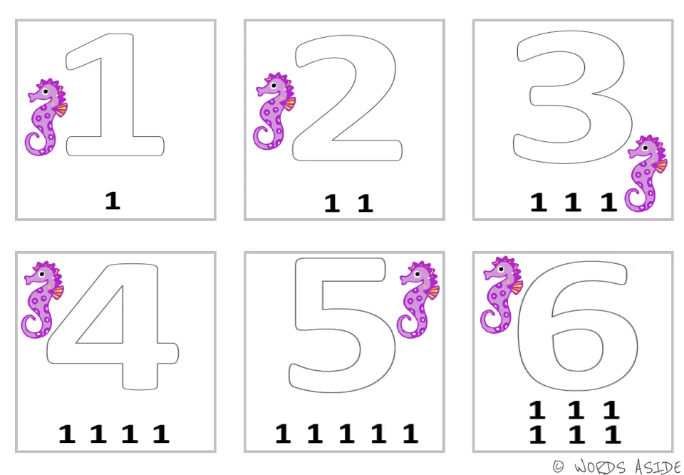 Ones facts as addends: seahorse cards with outline numbers 1 to 6 and a row of that many 1s under each to add together