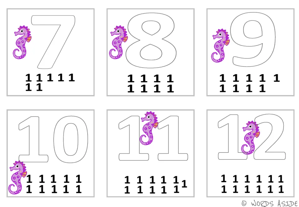 Ones facts as addends for 7 to 12: each seahorse card shows the outline number with matching 1s beneath to total