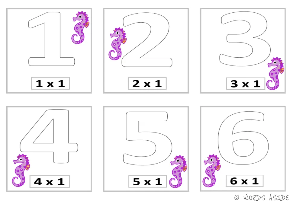 Multiplying by 1: seahorse flashcards show outline numbers 1 to 6, each labeled with its fact from 1 x 1 to 6 x 1