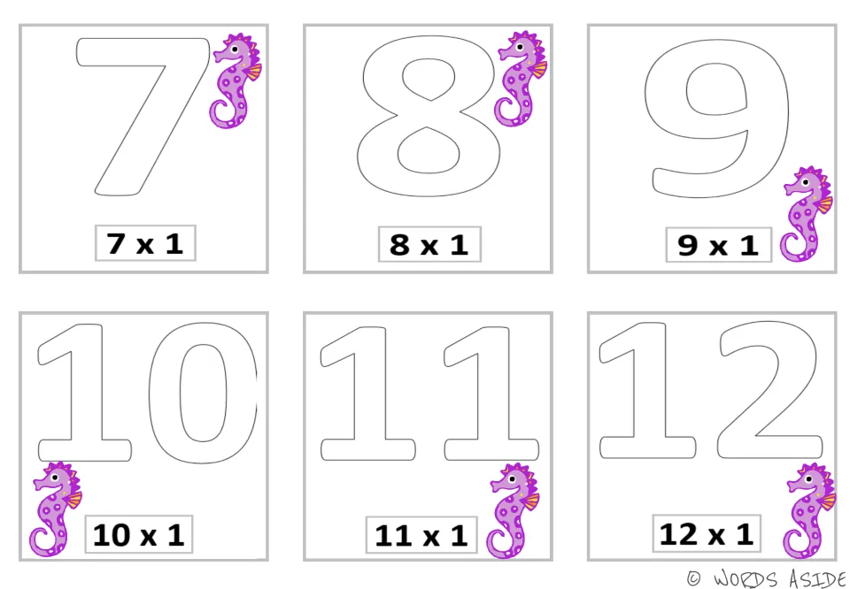 Multiplying by 1 continued: seahorse flashcards for outline numbers 7 to 12 labeled 7 x 1, 8 x 1 and on up to 12 x 1